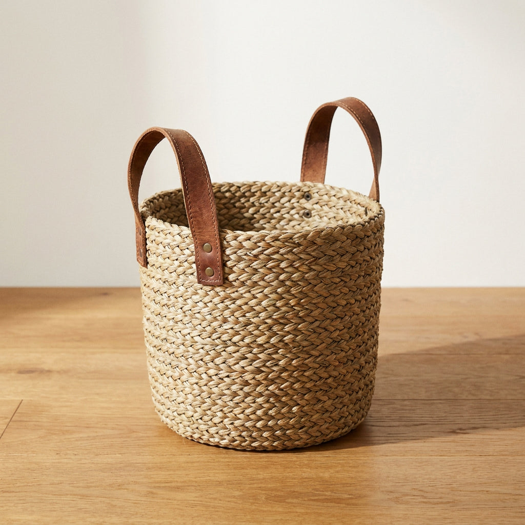 Zeegras plantenmand met leren handvatten, Ø 30 cm