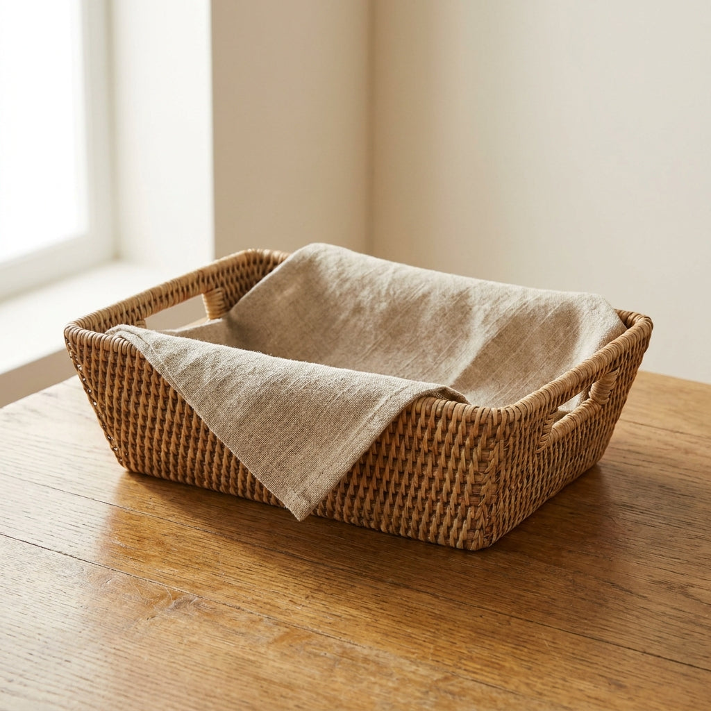 Rieten broodmand met linnen voering, 30 × 20 cm