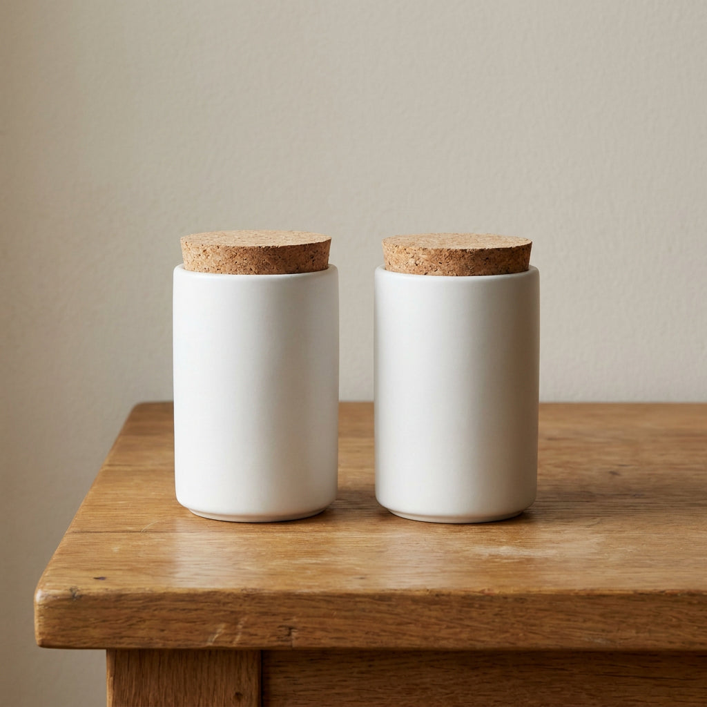 Set 2 kruidenpotjes in stoneware met kurken deksel, 200 ml